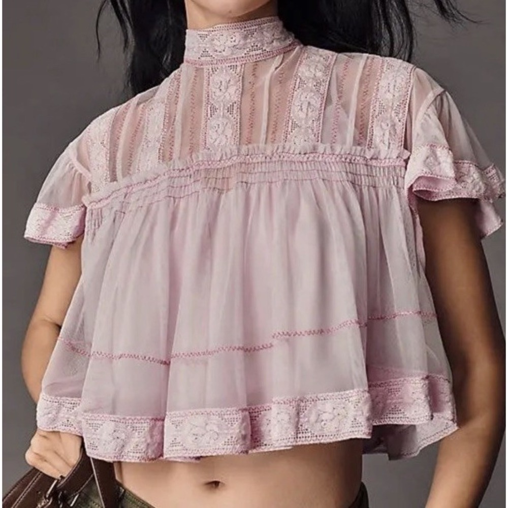 Anthropologie Mesh Lace Swing Blouse Short Sleeve Sheer Top Soft Girl Large